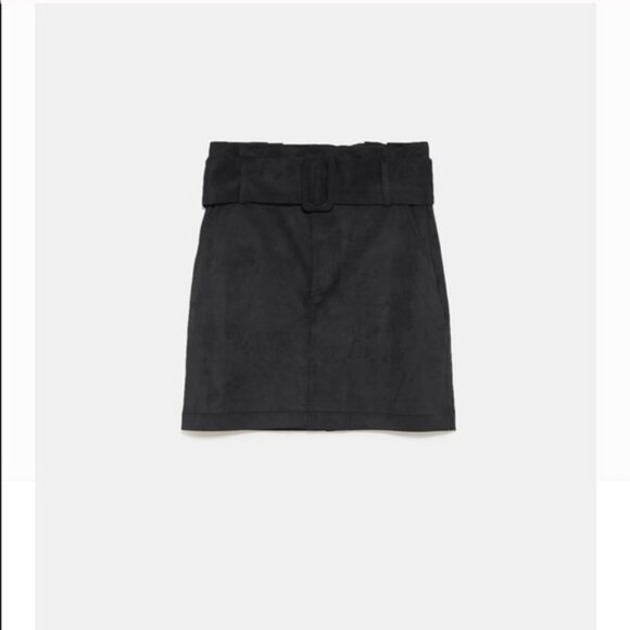 Zara Trafaluc Faux Suede Paperbag Waist Belted Mini Skirt In Black Size M EUC - Picture 4 of 13